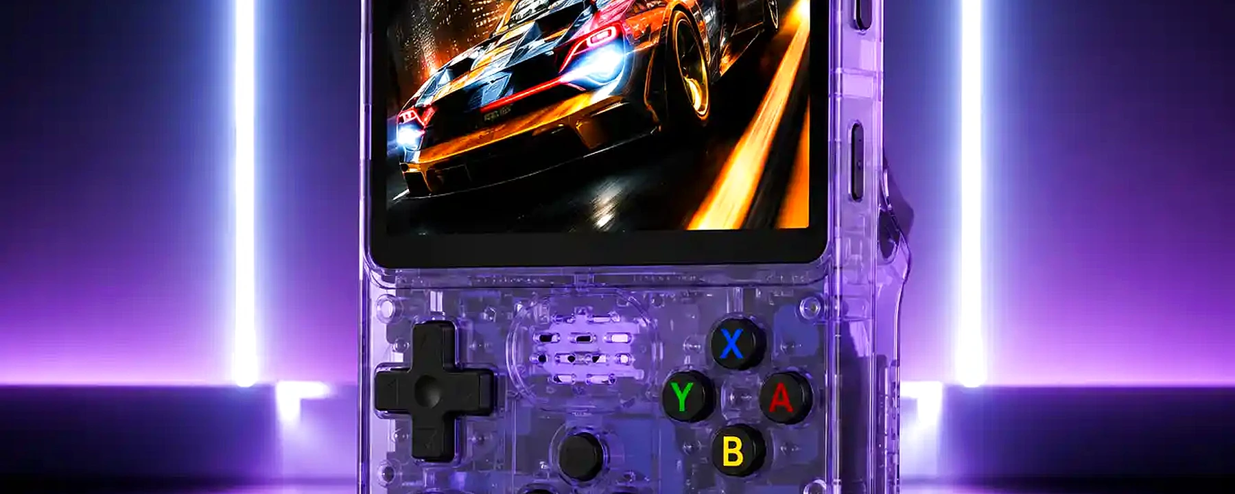 Retro handheld console on a dark arcade background