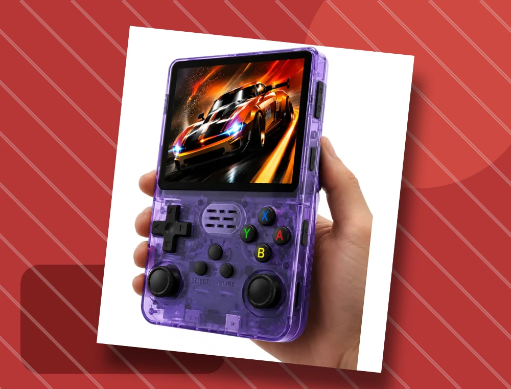 Console on a coral red studio background